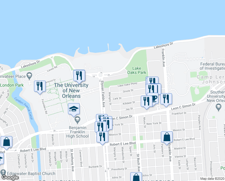 map of restaurants, bars, coffee shops, grocery stores, and more near 2211 Oriole Street in New Orleans