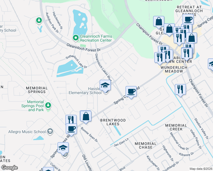 map of restaurants, bars, coffee shops, grocery stores, and more near 1102 Bekonscot Drive in Spring