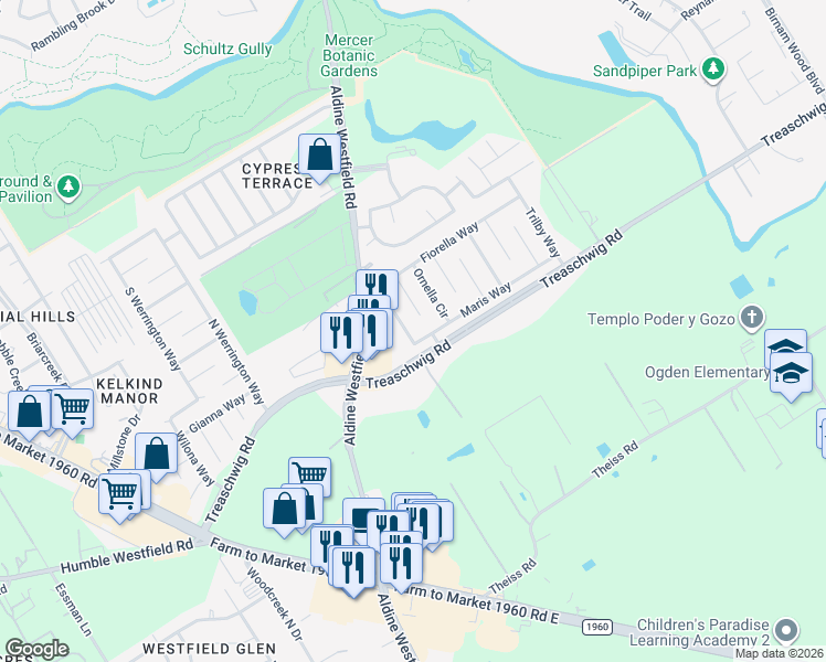 map of restaurants, bars, coffee shops, grocery stores, and more near 21530 Micheala Way in Humble