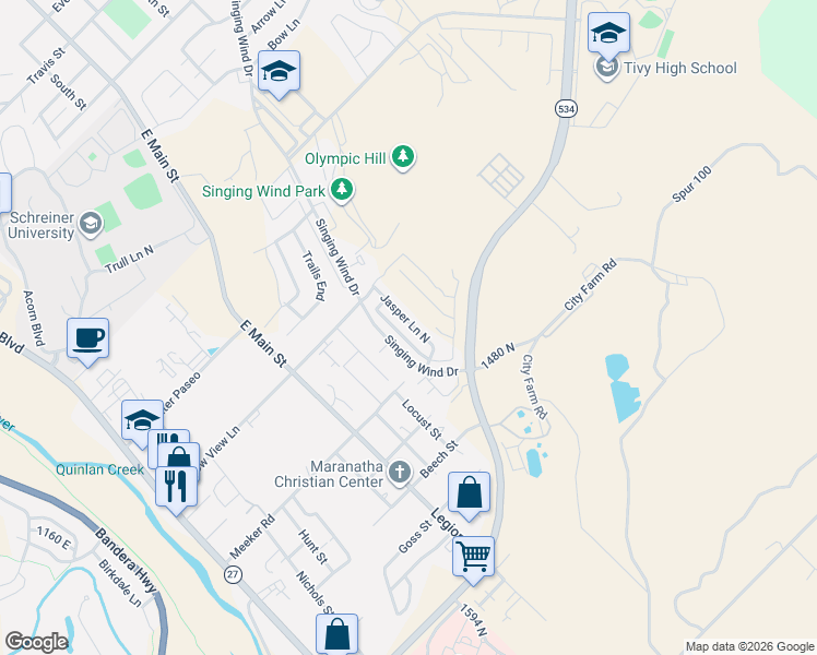 map of restaurants, bars, coffee shops, grocery stores, and more near 129 Ivy Lane in Kerrville