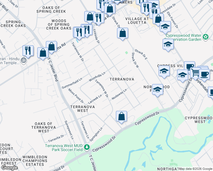 map of restaurants, bars, coffee shops, grocery stores, and more near 5502 Ashmere Lane in Spring