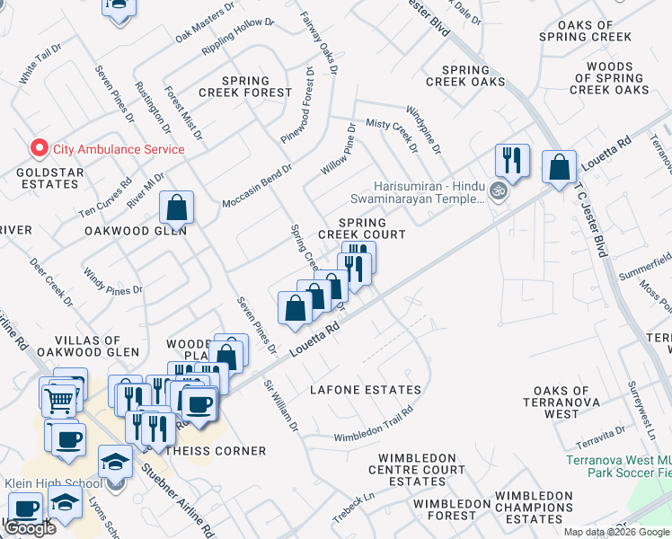 map of restaurants, bars, coffee shops, grocery stores, and more near 6502 Spring Leaf Drive in Spring