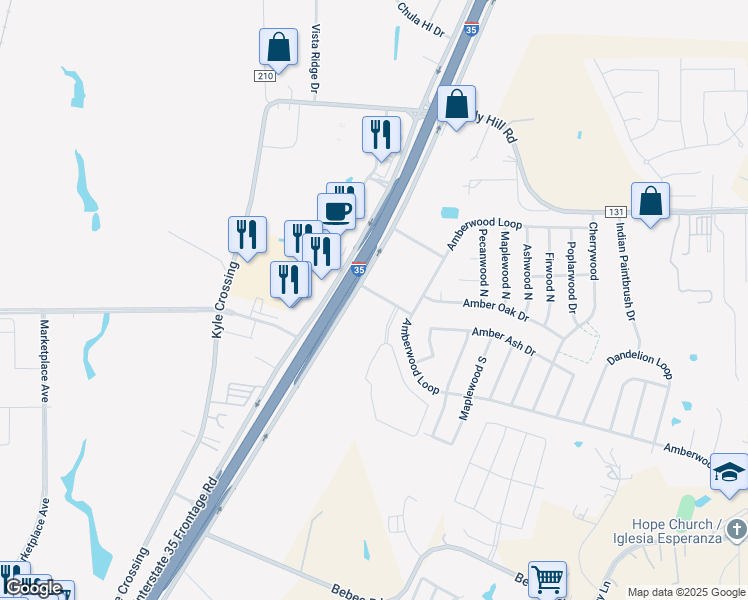 map of restaurants, bars, coffee shops, grocery stores, and more near 150 Amberwood South in Kyle