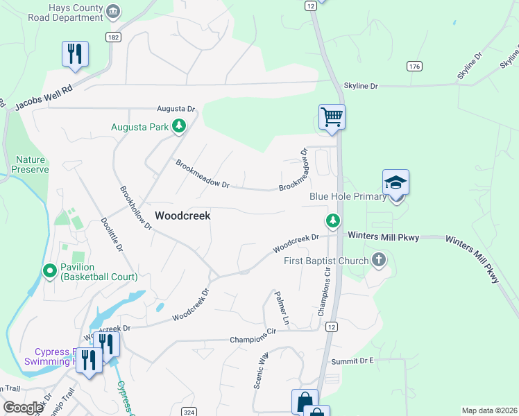 map of restaurants, bars, coffee shops, grocery stores, and more near 15 Pebblebrook Lane in Wimberley