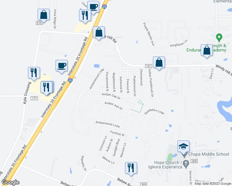 map of restaurants, bars, coffee shops, grocery stores, and more near 104 Maplewood North in Kyle