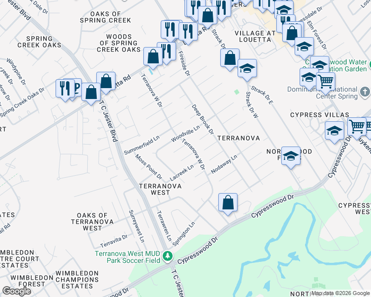 map of restaurants, bars, coffee shops, grocery stores, and more near 5519 Slashwood Lane in Spring