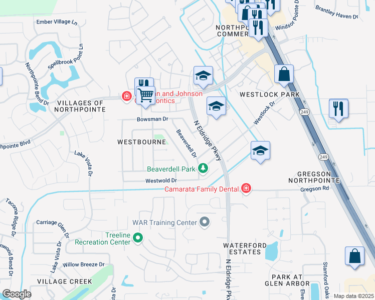 map of restaurants, bars, coffee shops, grocery stores, and more near 18207 Beaverdell Drive in Tomball