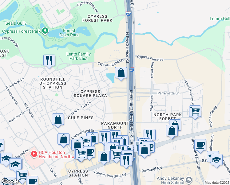 map of restaurants, bars, coffee shops, grocery stores, and more near 111 Hollow Tree Lane in Houston