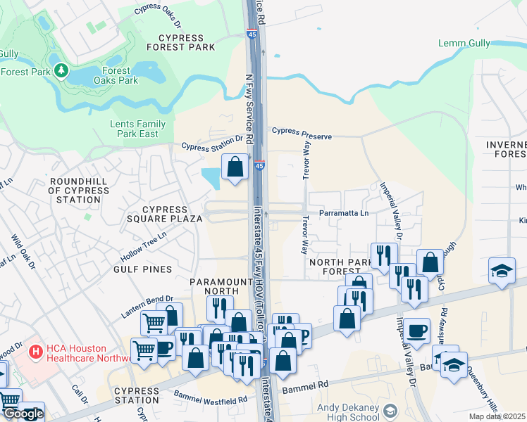 map of restaurants, bars, coffee shops, grocery stores, and more near 53 North Freeway Service Road in Houston