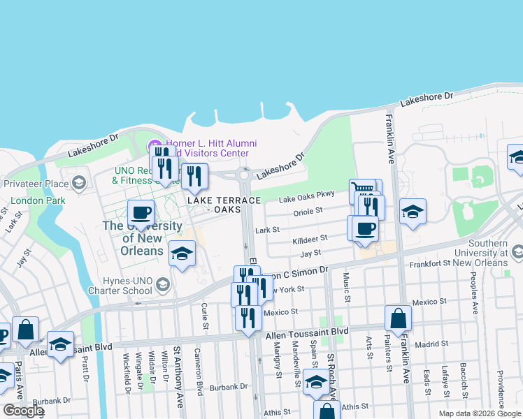 map of restaurants, bars, coffee shops, grocery stores, and more near 2211 Oriole Street in New Orleans
