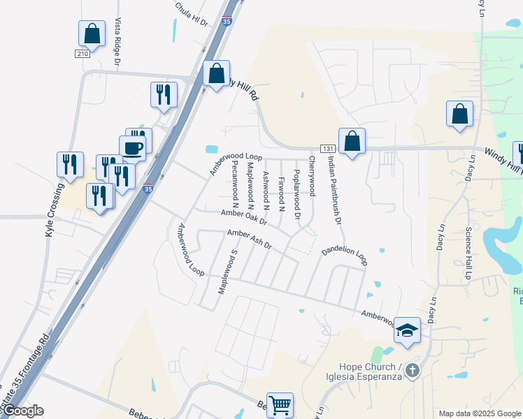map of restaurants, bars, coffee shops, grocery stores, and more near 100 Maplewood North in Kyle