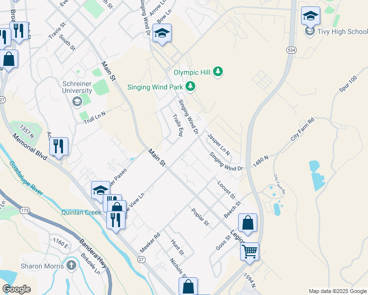 map of restaurants, bars, coffee shops, grocery stores, and more near 600 Meadow View Lane in Kerrville