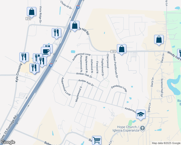 map of restaurants, bars, coffee shops, grocery stores, and more near 100 Maplewood North in Kyle