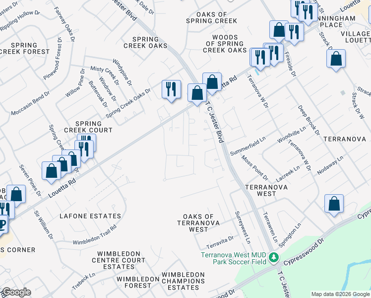 map of restaurants, bars, coffee shops, grocery stores, and more near 5838 Abelia Creek Drive in Spring