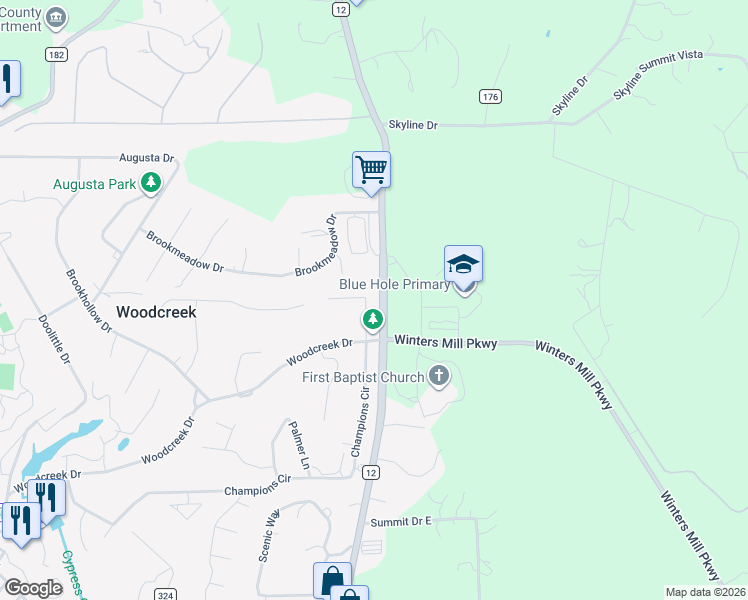 map of restaurants, bars, coffee shops, grocery stores, and more near 9 Deerfield Drive in Wimberley