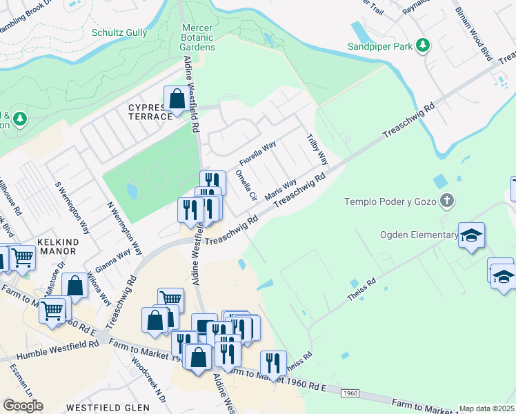 map of restaurants, bars, coffee shops, grocery stores, and more near 3326 Maris Way in Humble