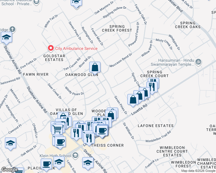 map of restaurants, bars, coffee shops, grocery stores, and more near 17107 Seven Pines Drive in Spring