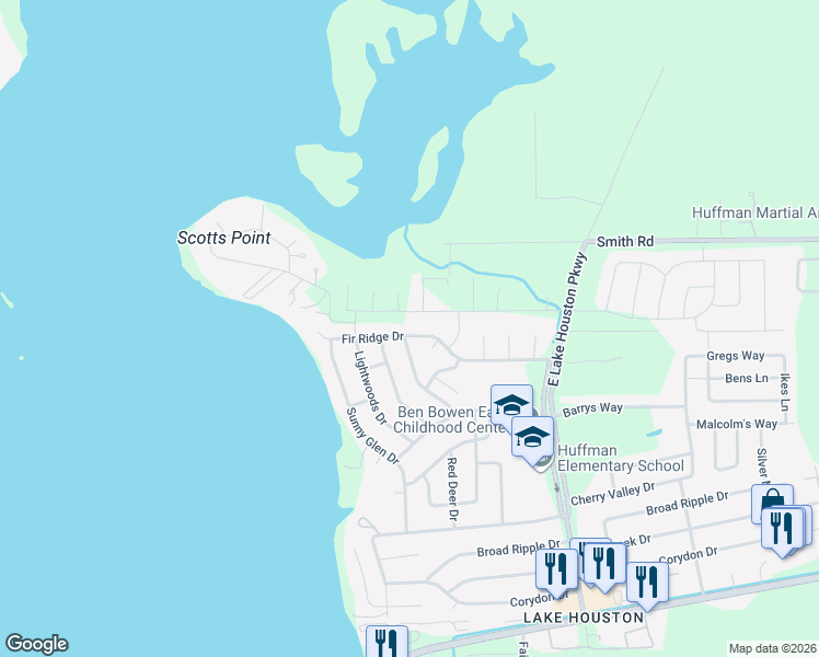 map of restaurants, bars, coffee shops, grocery stores, and more near 326 Fir Ridge Drive in Huffman