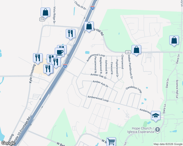 map of restaurants, bars, coffee shops, grocery stores, and more near 151 Amber Oak Drive in Kyle