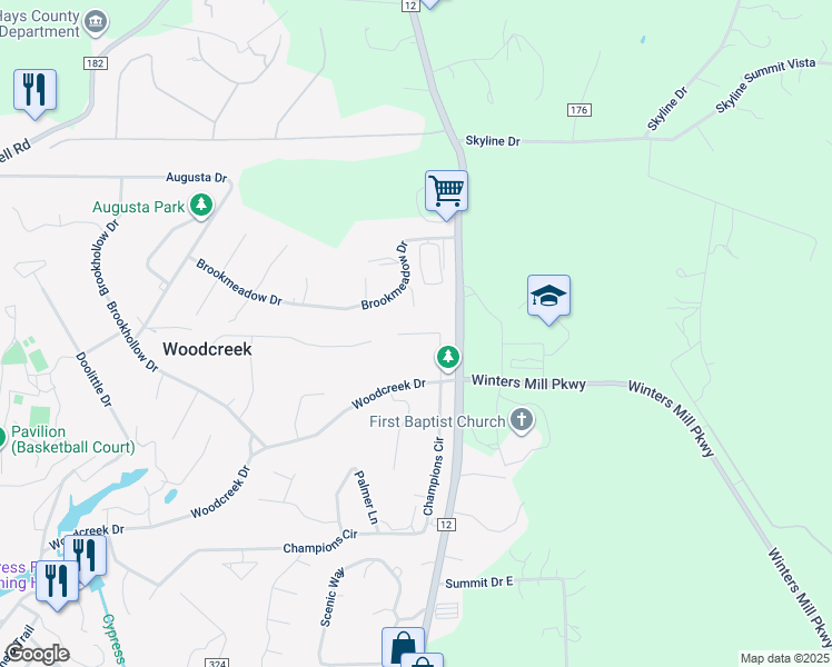 map of restaurants, bars, coffee shops, grocery stores, and more near 10 Deerfield Drive in Woodcreek