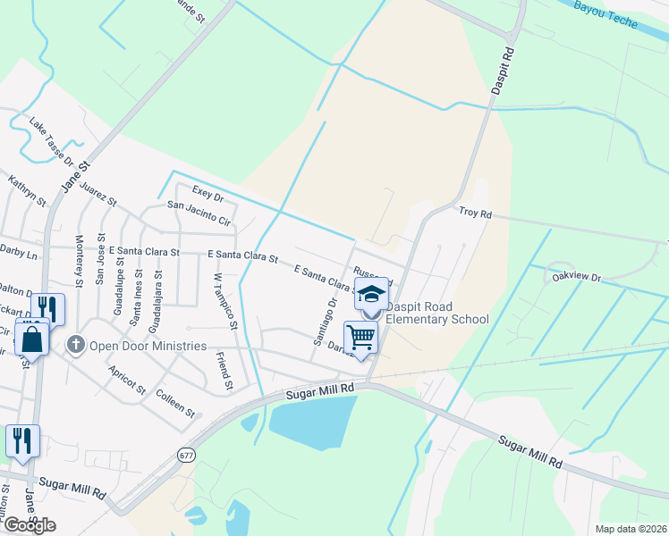 map of restaurants, bars, coffee shops, grocery stores, and more near 248-300 East Santa Clara Street in New Iberia