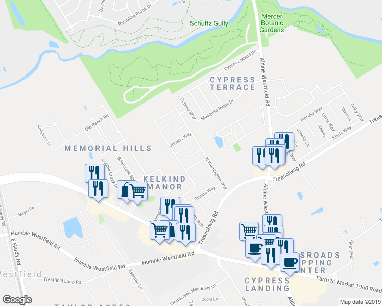 map of restaurants, bars, coffee shops, grocery stores, and more near 2411 High Island Way in Houston