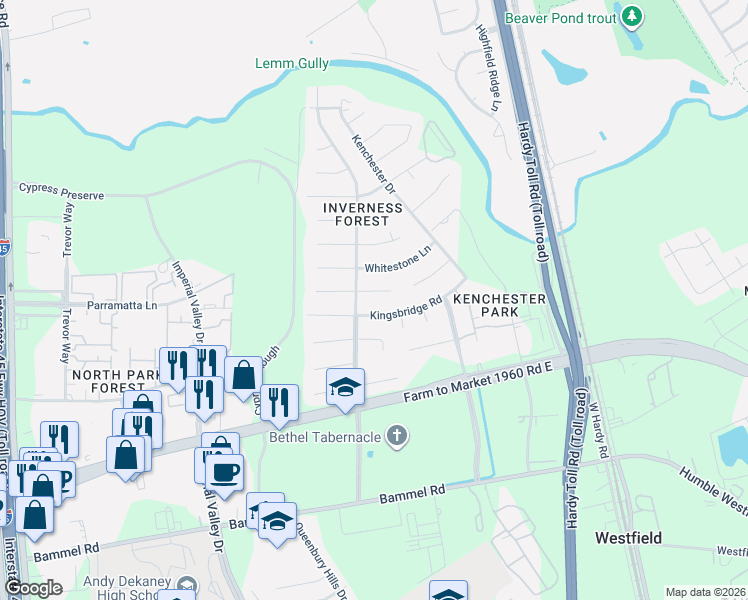 map of restaurants, bars, coffee shops, grocery stores, and more near 1103 Kingsbridge Rd in Houston