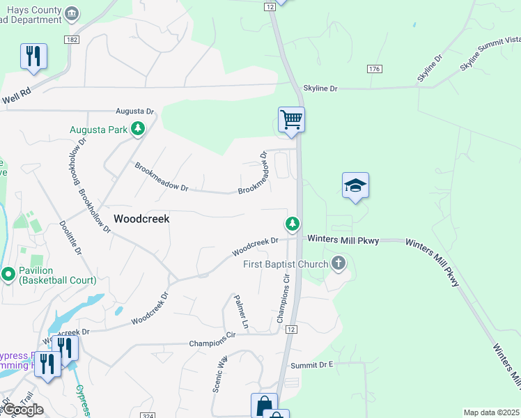 map of restaurants, bars, coffee shops, grocery stores, and more near 2 Pebblebrook Lane in Wimberley
