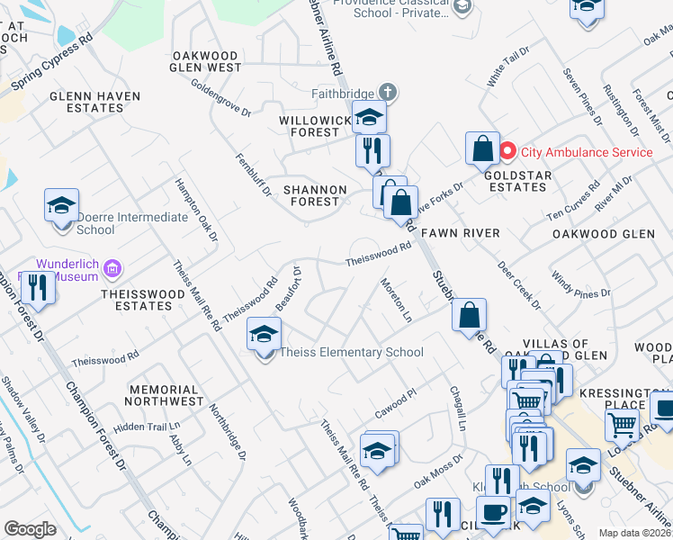 map of restaurants, bars, coffee shops, grocery stores, and more near 7706 Shelburne Circle in Spring