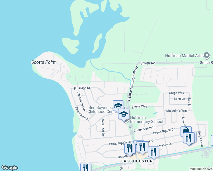 map of restaurants, bars, coffee shops, grocery stores, and more near 24614 Green Moss Drive in Huffman