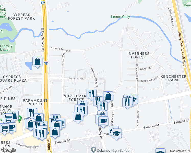 map of restaurants, bars, coffee shops, grocery stores, and more near in Harris County