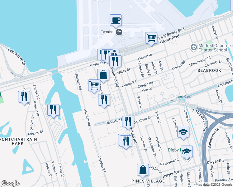 map of restaurants, bars, coffee shops, grocery stores, and more near 7511 Creighton Place in New Orleans
