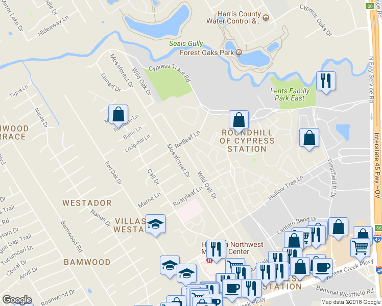 map of restaurants, bars, coffee shops, grocery stores, and more near 17907 Wild Oak Drive in Houston