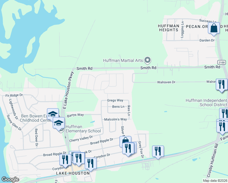 map of restaurants, bars, coffee shops, grocery stores, and more near 843 Gregs Way in Huffman