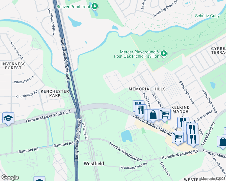 map of restaurants, bars, coffee shops, grocery stores, and more near 1734 Hollyberry Drive in Houston