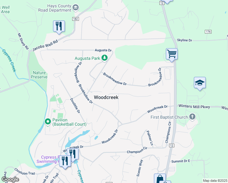 map of restaurants, bars, coffee shops, grocery stores, and more near 49 Pebblebrook Lane in Wimberley