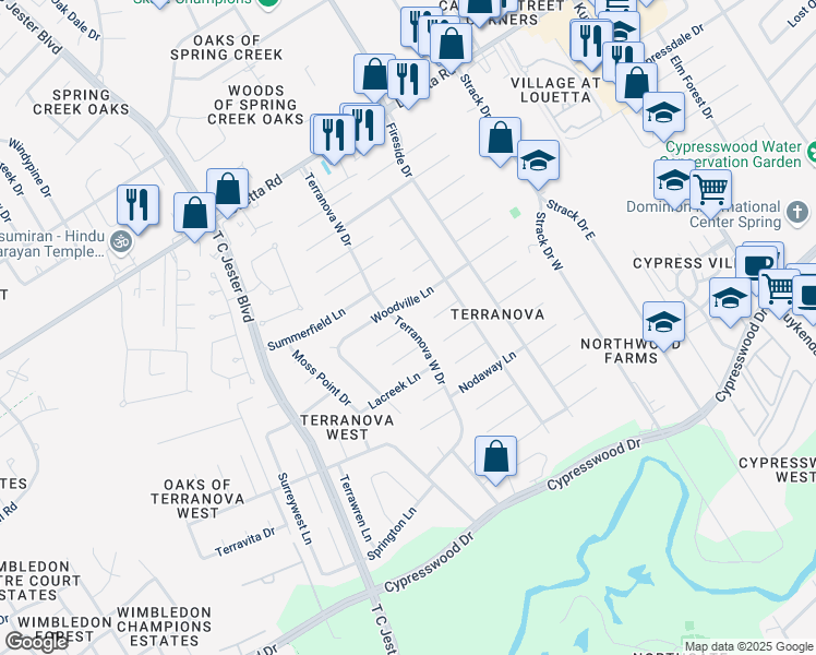 map of restaurants, bars, coffee shops, grocery stores, and more near 18381 Terranova West Drive in Spring