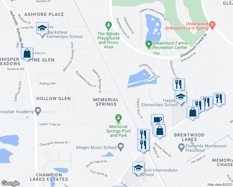 map of restaurants, bars, coffee shops, grocery stores, and more near 18042 Platinum Springs Drive in Tomball