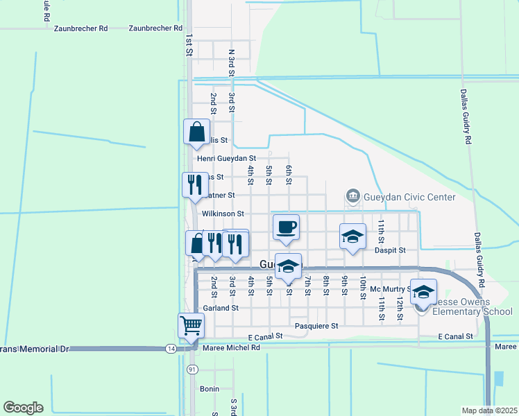 map of restaurants, bars, coffee shops, grocery stores, and more near 701-799 5th Street in Gueydan