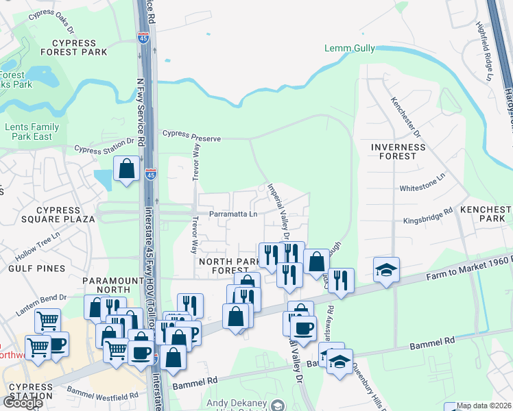 map of restaurants, bars, coffee shops, grocery stores, and more near 22921 Imperial Valley Drive in Houston