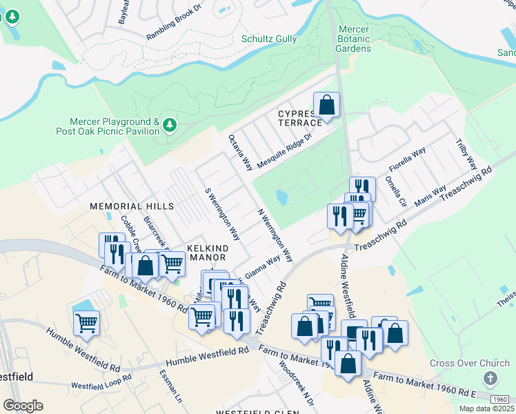 map of restaurants, bars, coffee shops, grocery stores, and more near North Werrington Way in Houston