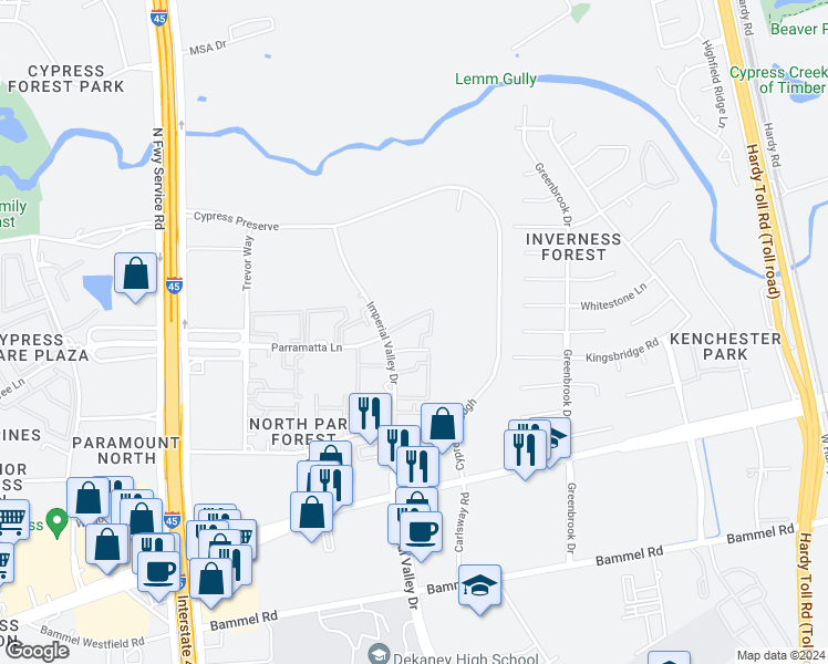 map of restaurants, bars, coffee shops, grocery stores, and more near 101-118 Parramatta Lane in Houston