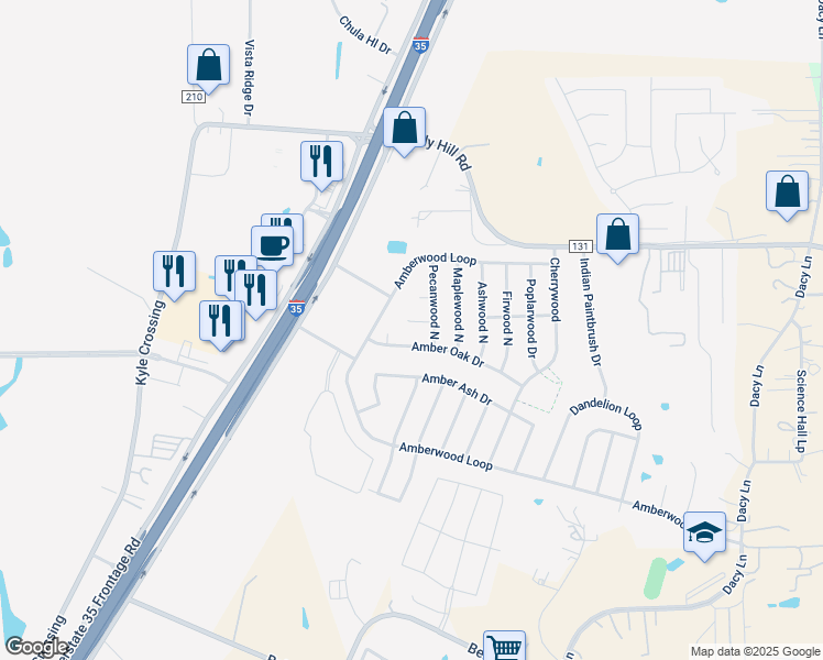 map of restaurants, bars, coffee shops, grocery stores, and more near 172 Amber Oak Drive in Kyle