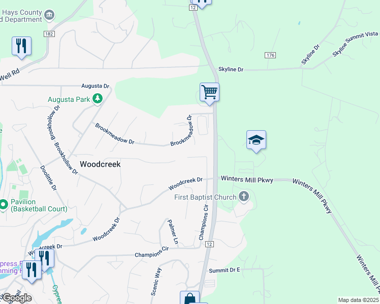 map of restaurants, bars, coffee shops, grocery stores, and more near 16 Deerfield Drive in Wimberley
