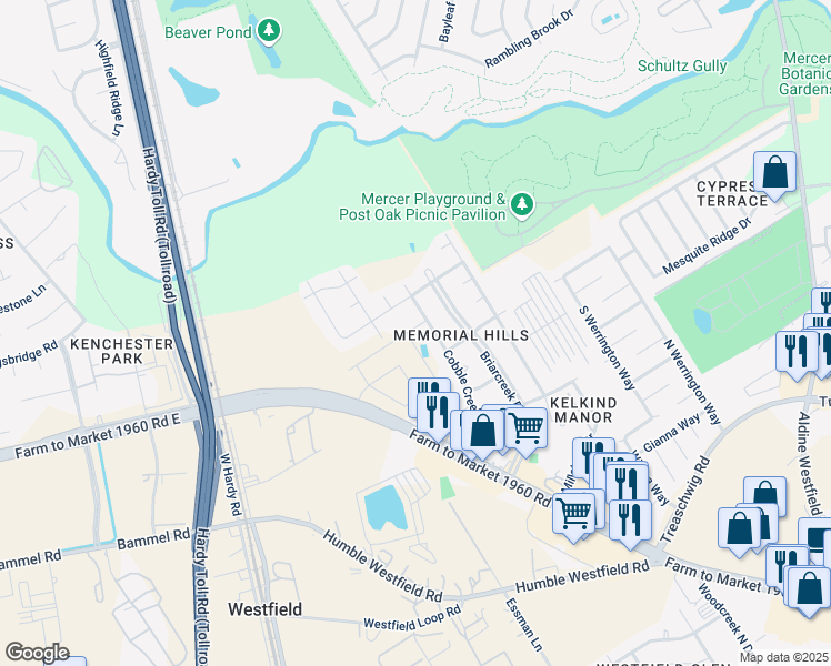 map of restaurants, bars, coffee shops, grocery stores, and more near 1371 Evening Breeze Lane in Harris County