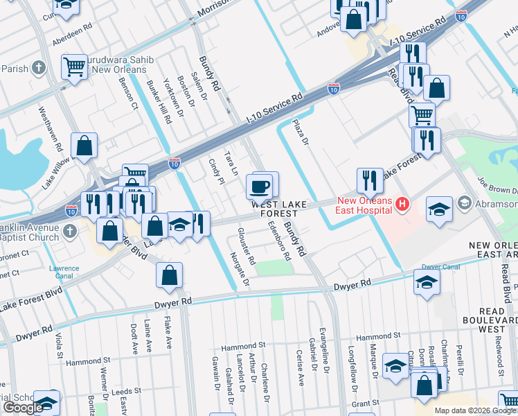 map of restaurants, bars, coffee shops, grocery stores, and more near 9130 Lake Forest Boulevard in New Orleans