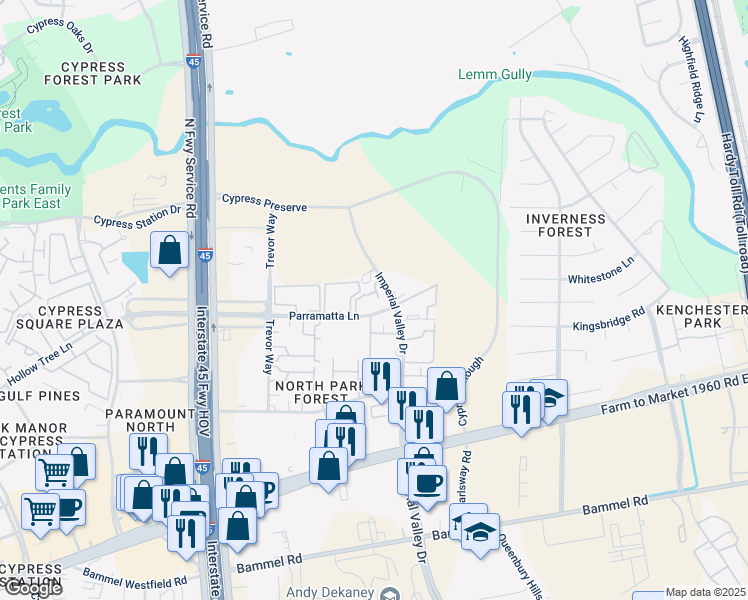 map of restaurants, bars, coffee shops, grocery stores, and more near 331 Parramatta Lane in Houston
