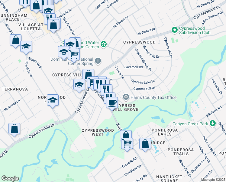 map of restaurants, bars, coffee shops, grocery stores, and more near 4322 Shady Pine Drive in Spring
