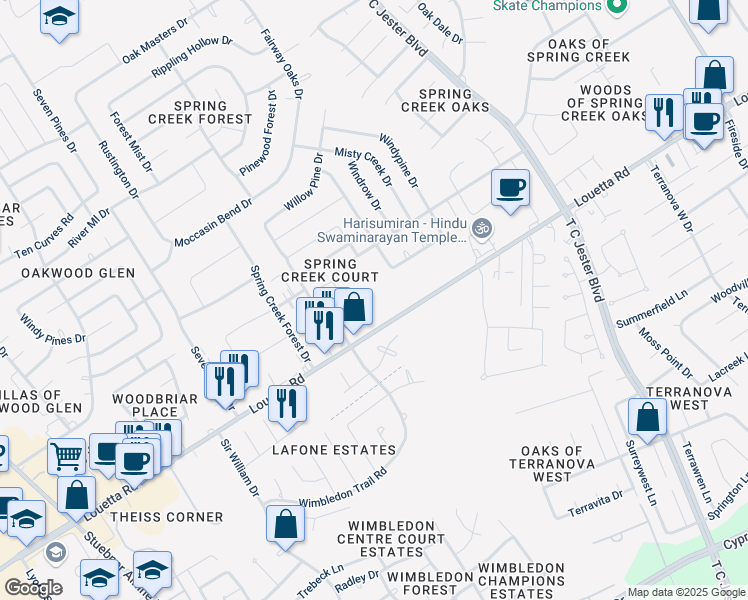 map of restaurants, bars, coffee shops, grocery stores, and more near Louetta Road in Spring