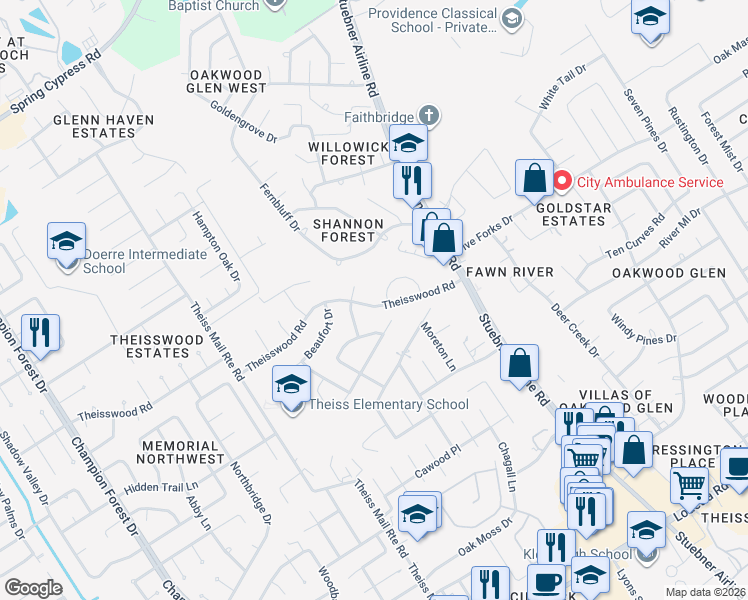 map of restaurants, bars, coffee shops, grocery stores, and more near 7610 Theisswood Road in Spring
